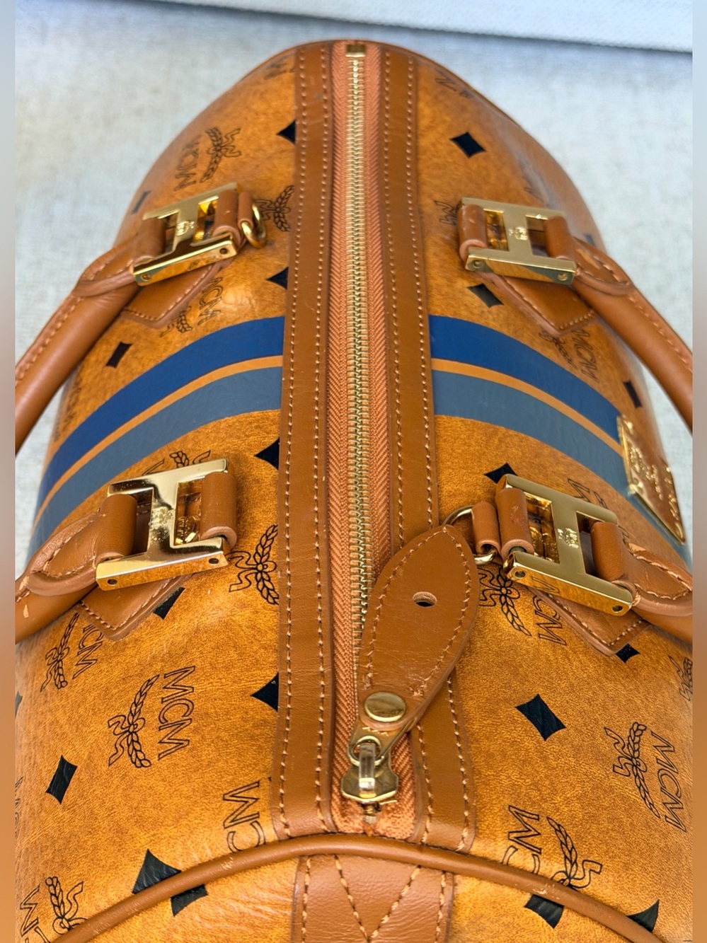 MCM Rare Visetos Blue Stripe Boston Satchel Bag Cognac Gold Hardware - Picture 7 of 13